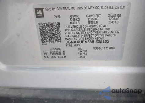 2021 Chevrolet Equinox Awd Lt from USA, damaged, VIN 3GNAXUEV3ML305102
